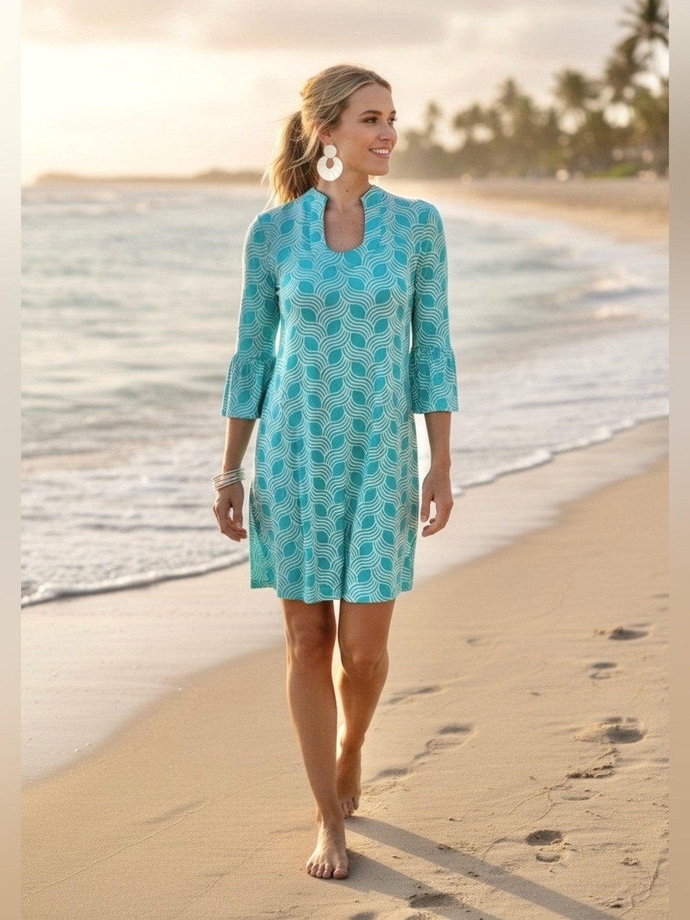 ESCAPADA Turquoise & White Patterned Rayon Summer Dress 3/4 Bell Sleeves Sz S